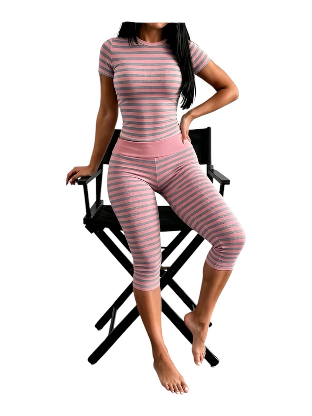 Seamless Pink Striped Capri Set